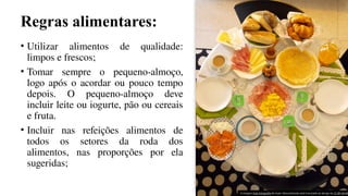 Regras alimentares:
• Utilizar alimentos de qualidade:
limpos e frescos;
• Tomar sempre o pequeno-almoço,
logo após o acordar ou pouco tempo
depois. O pequeno-almoço deve
incluir leite ou iogurte, pão ou cereais
e fruta.
• Incluir nas refeições alimentos de
todos os setores da roda dos
alimentos, nas proporções por ela
sugeridas;
A imagem Esta Fotografia de Autor Desconhecido está licenciada ao abrigo da CC BY-SA-NC
 