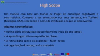 High Scope
Um modelo com base nas teorias de Piaget de orientação cognitivista e
construtivista. Começou a ser estruturado nos anos sessenta, em Ypsilanti
(Michigan, USA), recebendo o nome da instituição em que se desenvolveu.
Algumas características:
• Rotina diária estruturada (pouco flexível no início do ano letivo);
• A aprendizagem ativa e experiências chave;
• A rotina diária com o ciclo: planear – fazer– rever;
• A organização do espaço e dos materiais.
 