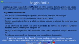 Reggio Emilia
Nasceu depois da segunda Guerra Mundial, em 1945, no norte de Itália, próximo da cidade
de Reggio Emilia, pela necessidade de se construir uma escola para as crianças pequenas
• Algumas características:
• Pais e toda a comunidade participam na educação e formação das crianças.
• Professor/educador com um papel ativo no apoio educativo.
• Espaço organizado de forma a refletir as ideias, valores e atitudes de todos que nele
trabalham.
• Dá-se relevância ao atelier para uma diversidade de técnicas de expressão plástica:
desenho, pintura, modelagem, colagem, etc.
• Espaço exterior organizado para atividades como cultivo de plantas, criação de animais,
etc.
• Acredita-se na competência da criança e na competência do educador.
O papel da escola e da educação é criar condições para que todos tenham
oportunidades para desenvolver as suas competências e capacidades em plenitude.
 