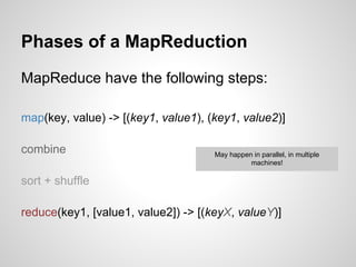 Phases of a MapReduction
MapReduce have the following steps:
map(key, value) -> [(key1, value1), (key1, value2)]
combine

May happen in parallel, in multiple
machines!

sort + shuffle
reduce(key1, [value1, value2]) -> [(keyX, valueY)]

 