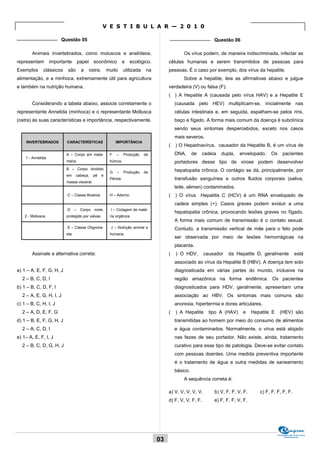 V E S T I B U L A R — 2 0 1 0

_______________ Questão 05                                                                  _______________ Questão 06

        Animais invertebrados, como moluscos e anelídeos,                                           Os vírus podem, de maneira indiscriminada, infectar as
representam        importante        papel     econômico             e   ecológico.         células humanas e serem transmitidos de pessoas para
Exemplos      clássicos    são        a      ostra,       muito      utilizada    na        pessoas. É o caso por exemplo, dos vírus da hepatite.
alimentação, e a minhoca, extremamente útil para agricultura                                        Sobre a hepatite, leia as afirmativas abaixo e julgue
e também na nutrição humana.                                                                verdadeira (V) ou falsa (F).
                                                                                            ( ) A Hepatite A (causada pelo vírus HAV) e a Hepatite E
        Considerando a tabela abaixo, associe corretamente o                                    (causada pelo HEV) multiplicam-se, inicialmente nas
representante Annelida (minhoca) e o representante Mollusca                                     células intestinais e, em seguida, espalham-se pelos rins,
(ostra) às suas características e importância, respectivamente.                                 baço e fígado. A forma mais comum da doença é subclínica
                                                                                                sendo seus sintomas despercebidos, exceto nos casos
                                                                                                mais severos.
    INVERTEBRADOS         CARACTERÍSTICAS                      IMPORTÂNCIA
                                                                                            (   ) O Hepadnavírus, causador da Hepatite B, é um vírus de
                          A – Corpo em meta-               F   –     Produção    de             DNA,      de   cadeia   dupla,   envelopado.    Os      pacientes
    1 - Annelida
                          meria.                           húmus.                               portadores desse tipo de virose podem desenvolver
                          B – Corpo dividido                                                    hepatopatia crônica. O contágio se dá, principalmente, por
                                                           G   –     Produção    de
                          em     cabeça,       pé     e
                                                           Pérola.                              transfusão sanguínea e outros fluidos corporais (saliva,
                          massa visceral.
                                                                                                leite, sêmen) contaminados.
                           C – Classe Bivalvia.            H – Adorno.                      ( ) O vírus Hepatitis C (HCV) é um RNA envelopado de
                                                                                                cadeia simples (+). Casos graves podem evoluir a uma
                           D     –    Corpo    mole,        I – Ciclagem de maté-
                                                                                                hepatopatia crônica, provocando lesões graves no fígado.
    2 - Mollusca          protegido por valvas.            ria orgânica.
                                                                                                A forma mais comum de transmissão é o contato sexual.
                           E – Classe Oligocha-             J – Nutrição animal e               Contudo, a transmissão vertical de mãe para o feto pode
                          eta.                             humana.
                                                                                                ser observada por meio de lesões hemorrágicas na
                                                                                                placenta.
        Assinale a alternativa correta:                                                     (   ) O HDV,        causador   da Hepatite D, geralmente             está
                                                                                                associado ao vírus da Hepatite B (HBV). A doença tem sido
a) 1 – A, E, F, G, H, J                                                                         diagnosticada em várias partes do mundo, inclusive na
  2 – B, C, D, I                                                                                região amazônica na forma endêmica. Os pacientes
b) 1 – B, C, D, F, I                                                                            diagnosticados para HDV, geralmente, apresentam uma
  2 – A, E, G, H, I, J                                                                          associação ao HBV. Os sintomas mais comuns são
c) 1 – B, C, H, I, J                                                                            anorexia, hipertermia e dores articulares.
  2 – A, D, E, F, G                                                                         (   ) A Hepatite      tipo A (HAV)    e     Hepatite E    (HEV) são
d) 1 – B, E, F, G, H, J                                                                         transmitidas ao homem por meio do consumo de alimentos
  2 – A, C, D, I                                                                                e água contaminados. Normalmente, o vírus está alojado
e) 1– A, E, F, I, J                                                                             nas fezes de seu portador. Não existe, ainda, tratamento
  2 – B, C, D, G, H, J                                                                          curativo para esse tipo de patologia. Deve-se evitar contato
                                                                                                com pessoas doentes. Uma medida preventiva importante
                                                                                                é o tratamento de água e outra medidas de saneamento
                                                                                                básico.
                                                                                                    A sequência correta é:

                                                                                            a) V, V, V, V, V.       b) V, F, F, V, F.      c) F, F, F, F, F.
                                                                                            d) F, V, V, F, F.       e) F, F, F, V, F.




                                                                                                                                                     Comissão de Processos
                                                                                                                                                          Vestibulares
                                                                                       03
 