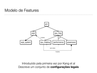 Modelo de Features
Introduzido pela primeira vez por Kang et al
Descreve um conjunto de conﬁgurações legais
 
