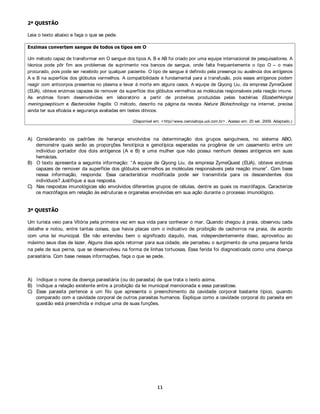  48(67­2



Um dos componentes do feromônio de trilha de uma espécie de formiga do gênero Calomyrmex é um aldeído ( $) de
cadeia carbônica aberta, insaturada e ramificada. A ozonólise dessa substância $ levou à formação dos produtos 2-
metilbutanal ( %) e 3-metil-2-oxobutanal ( ).

Sobre os dados apresentados acima, faça o que se pede.


A)   Escreva o nome da substância $.
B)   Escreva as estruturas das substâncias $ e .
C)   Calcule o número de estereoisômeros para a substância $.
D)   Calcule o número de estereoisômeros opticamente ativos para a substância $.
E)   Escreva a estrutura da cianoidrina, formada pela adição de ácido cianídrico à substância %.
F)   Escreva a estrutura do produto obtido pela reação de adição de cloreto de metilmagnésio com a substância    %

     seguido de hidrólise.


 48(67­2




Uma indústria adquiriu hidróxido de sódio como matéria-prima para a fabricação de sabão. Com o objetivo de saber a
qualidade do hidróxido de sódio, uma amostra de 3,0 gramas da base foi completamente neutralizada por 30,0 mL de
HCl 2,0 mol/ L.

A) Determine a percentagem, em massa, de impurezas da amostra de hidróxido de sódio, considerando que o ácido não
   reage com as impurezas.
B) Sabendo que as impurezas do hidróxido de sódio eram apenas NaCl e H2O, foram dissolvidos 3,0 gramas da amostra
   em 250,00 mL de água destilada. Em seguida, uma alíquota de 25,00 mL dessa solução reagiu completamente com
   5,00 mL de uma solução 0,120 mol/ L de AgNO3. Determine a percentagem, em massa, de NaCl e H2O na amostra
   original.
C) Determine a massa de matéria-prima necessária para a preparação de 1,0 L de solução aquosa de hidróxido de sódio
   1,0 mol/ L.


 48(67­2




A acidez e a basicidade são importantes propriedades relacionadas
às substâncias orgânicas. Essas propriedades possuem relação
direta com a reatividade e a purificação dos compostos orgânicos.
Considerando essas informações e as estruturas apresentadas ao
lado, faça o que se pede.



A)   Dê o nome oficial (I UPAC) das substâncias $ % H .
B)   Coloque em ordem crescente de acidez as substâncias $, % e .
C)   Explique a diferença de acidez entre as substâncias $, % e .
D)   Escreva a equação balanceada da reação de % e  com
     quantidade estequiométrica de NaOH.
 