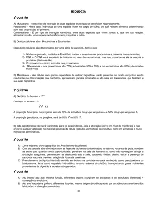  48(67­2



A)
                                           NaOH(s) + HCl(aq)      NaCl(aq) + H2O(l)

                                    30,0 mL x 10-3 x 2,0 mol/ L x 40,0 g/ mol = 2,4 gramas

                                                  3,0 gramas – 2,4 gramas
                                                    100,0 gramas -      x
                                                    X = 80,0 %(m/ m) puro
Ou seja,
                                          20,0 %(m/m) impurezas


B)
                           NaOH(s) + NaCl(s) + AgNO3(aq)         AgCl(s) + NaNO3(aq) + NaOH(aq)

                          5,00 mL x 10-3 x 0,120 mol/ L x 58,5 g/ mol = 0,0351 gramas em 25,00 mL
                                               em 250,00 mL = 0,351 gramas

                                                 3,0 gramas – 0,351 gramas
                                                    100,0 gramas -     x

                                              X = 11,7 %(m/m) de NaCl
e

                                   20,0 %(m/ m) - 11,7 %(m/m) =       8,3 %(m/m) de H2O




C)
                                 1,0 L x 1,0 mol/ L x 40,0 g/mol = 40,0 gramas de NaOH puro

                                                    40,0 – 100,0 % (m/ m)
                                                     X – 80,0 %(m/ m)

                                     X = 50,0 gramas de matéria-prima



   x   48(67­2



A) A        4-metilfenol ou para-metilfenol ou 4-metilbenzenol

        B   fenol ou benzenol

        C   4-nitrofenol ou 4-nitrobenzenol ou para-nitrofenol

B) A  B  C


C) O NO2 presente na substância C apresenta efeito indutivo retirador de elétrons, o que provoca um aumento da acidez
   da substancia. Já na substância A o CH3 presente apresenta efeito indutivo doador de elétrons, o que provoca efeito
   contrário, ou seja, diminuição da acidez. No caso da substância B, esta presente o átomo de hidrogênio, ficando com
   valor de acidez entre o da substância A e C.
 