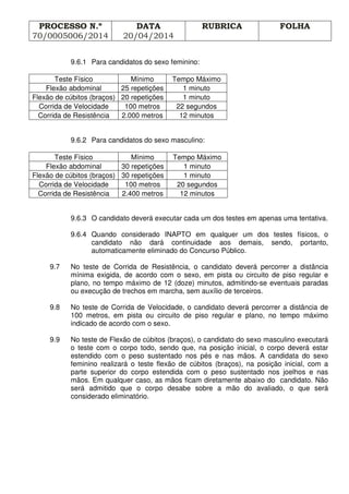 PROCESSO N.º
70/0005006/2014
DATA
20/04/2014
RUBRICA FOLHA
9.6.1 Para candidatos do sexo feminino:
Teste Físico Mínimo Tempo Máximo
Flexão abdominal 25 repetições 1 minuto
Flexão de cúbitos (braços) 20 repetições 1 minuto
Corrida de Velocidade 100 metros 22 segundos
Corrida de Resistência 2.000 metros 12 minutos
9.6.2 Para candidatos do sexo masculino:
Teste Físico Mínimo Tempo Máximo
Flexão abdominal 30 repetições 1 minuto
Flexão de cúbitos (braços) 30 repetições 1 minuto
Corrida de Velocidade 100 metros 20 segundos
Corrida de Resistência 2.400 metros 12 minutos
9.6.3 O candidato deverá executar cada um dos testes em apenas uma tentativa.
9.6.4 Quando considerado INAPTO em qualquer um dos testes físicos, o
candidato não dará continuidade aos demais, sendo, portanto,
automaticamente eliminado do Concurso Público.
9.7 No teste de Corrida de Resistência, o candidato deverá percorrer a distância
mínima exigida, de acordo com o sexo, em pista ou circuito de piso regular e
plano, no tempo máximo de 12 (doze) minutos, admitindo-se eventuais paradas
ou execução de trechos em marcha, sem auxílio de terceiros.
9.8 No teste de Corrida de Velocidade, o candidato deverá percorrer a distância de
100 metros, em pista ou circuito de piso regular e plano, no tempo máximo
indicado de acordo com o sexo.
9.9 No teste de Flexão de cúbitos (braços), o candidato do sexo masculino executará
o teste com o corpo todo, sendo que, na posição inicial, o corpo deverá estar
estendido com o peso sustentado nos pés e nas mãos. A candidata do sexo
feminino realizará o teste flexão de cúbitos (braços), na posição inicial, com a
parte superior do corpo estendida com o peso sustentado nos joelhos e nas
mãos. Em qualquer caso, as mãos ficam diretamente abaixo do candidato. Não
será admitido que o corpo desabe sobre a mão do avaliado, o que será
considerado eliminatório.
 