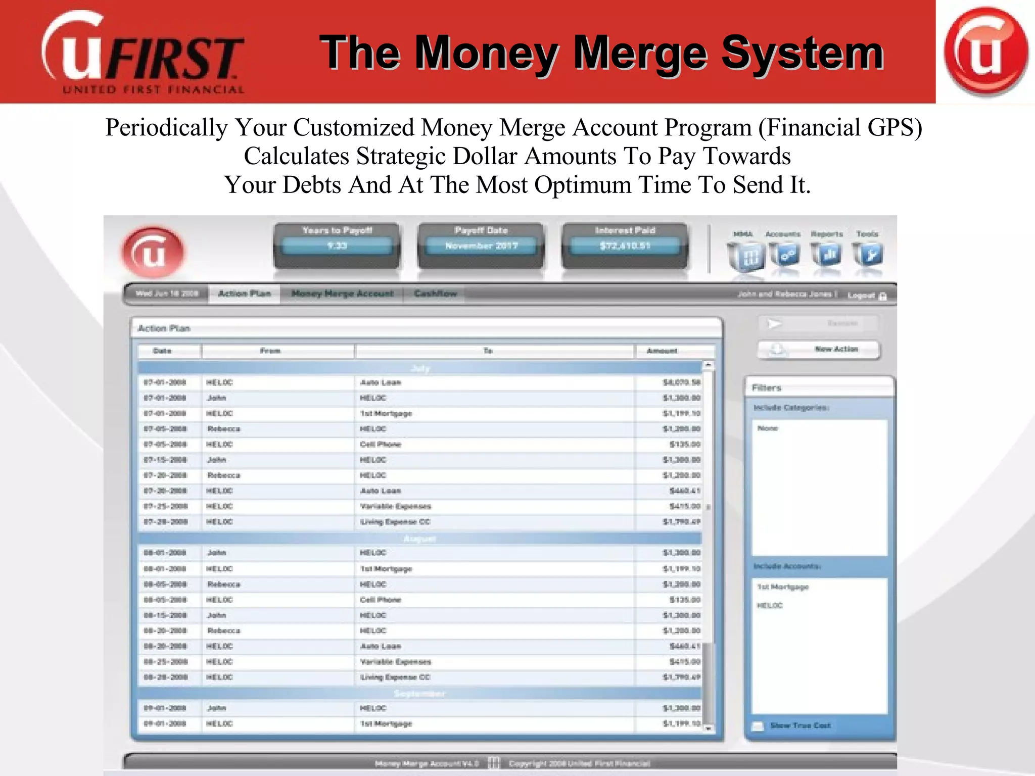 The Money Merge System Periodically Your Customized Money Merge Account Program (Financial GPS)   Calculates Strategic Dollar Amounts To Pay Towards Your Debts And At The Most Optimum Time To Send It. 