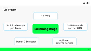 LiT-Projekt
15
Forschungsfrage
3 - 7 Studierende
pro Team
Dauer: 2 Semester
optional:
externe Partner
1+ Betreuende
von der UTN
12 ECTS
 