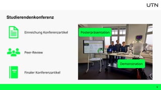 Studierendenkonferenz
18
Posterpräsentation
Demonstration
Einreichung Konferenzartikel
Peer-Review
Finaler Konferenzartikel
 