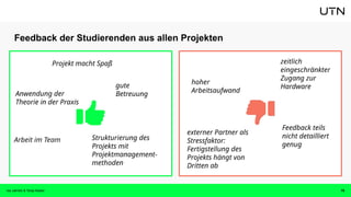 Feedback der Studierenden aus allen Projekten
19
Isa Jahnke & Tanja Kaiser
Projekt macht Spaß
gute
Betreuung
Arbeit im Team
Anwendung der
Theorie in der Praxis
Strukturierung des
Projekts mit
Projektmanagement-
methoden
hoher
Arbeitsaufwand
externer Partner als
Stressfaktor:
Fertigstellung des
Projekts hängt von
Dritten ab
zeitlich
eingeschränkter
Zugang zur
Hardware
Feedback teils
nicht detailliert
genug
 
