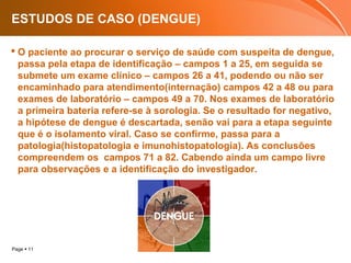 Page  11
ESTUDOS DE CASO (DENGUE)
 O paciente ao procurar o serviço de saúde com suspeita de dengue,
passa pela etapa de identificação – campos 1 a 25, em seguida se
submete um exame clínico – campos 26 a 41, podendo ou não ser
encaminhado para atendimento(internação) campos 42 a 48 ou para
exames de laboratório – campos 49 a 70. Nos exames de laboratório
a primeira bateria refere-se à sorologia. Se o resultado for negativo,
a hipótese de dengue é descartada, senão vai para a etapa seguinte
que é o isolamento viral. Caso se confirme, passa para a
patologia(histopatologia e imunohistopatologia). As conclusões
compreendem os campos 71 a 82. Cabendo ainda um campo livre
para observações e a identificação do investigador.
 