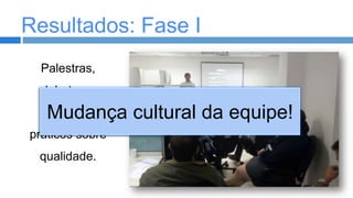 Resultados: Fase I
Palestras,
debates e

Mudança cultural da equipe!

exercícios

práticos sobre
qualidade.

 