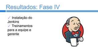 Resultados: Fase IV
✓ Instalação do
Jenkins
✓ Treinamentos
para a equipe e
gerente

 