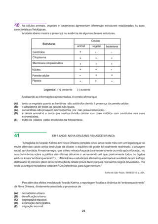 40    As células animais, vegetais e bacterianas apresentam diferenças estruturais relacionadas às suas
características fisiológicas.
      A tabela abaixo mostra a presença ou ausência de algumas dessas estruturas.

                                                                    Células
                         Estruturas
                                                      animal        vegetal    bacteriana

               Centríolos                               +              -           -
               Citoplasma                               +              +           +
               Membrana citoplasmática                  +              +           +
               Núcleo                                   +              +           -
               Parede celular                           -              +           +
               Plastos                                  -             +             -

                         Legenda: (+) presente        (-) ausente

      Analisando as informações apresentadas, é correto afirmar que

(A)   tanto os vegetais quanto as bactérias são autótrofos devido à presença da parede celular.
(B)   o citoplasma de todas as células são iguais.
(C)   as bactérias não possuem cromossomos por não possuírem núcleo.
(D)   a célula animal é a única que realiza divisão celular com fuso mitótico com centríolos nas suas
      extremidades.
(E)   todos os plastos estão envolvidos na fotossíntese.




41                              EM 5 ANOS, NOVA ORLEANS RENASCE BRANCA

        “A tragédia do furacão Katrina em Nova Orleans completa cinco anos neste mês com um legado que vai
muito além das casas ainda destruídas da cidade: o equilíbrio de poder foi totalmente realinhado, a clivagem
racial, aprofundada. A maioria negra, que sofreu retirada forçada durante a enchente ocorrida após o furacão, viu
sua dominância sobre a política das últimas décadas ir se esvaindo até que praticamente todos os órgãos
eletivos locais “embranqueceram”. (...) Moradores e estudiosos afirmam que a virada é resultado de um esforço
deliberado. O primeiro plano de reconstrução da cidade previa fazer parques nos bairros negros devastados. Pra
onde os antigos moradores voltariam? De preferência, para lugar nenhum.”

                                                                              Folha de São Paulo, 08/08/2010, p. A24.



      Para além dos efeitos imediatos do furacão Katrina, a reportagem focaliza a dinâmica de “embranquecimento”
de Nova Orleans, diretamente associada a processos de

(A)   nomadismo urbano.
(B)   densificação urbana.
(C)   segregação espacial.
(D)   exploração demográfica.
(E)   migração sazonal.
                                                            23
 