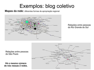 Exemplos: blog coletivo
Mapas da rede: diferentes formas de apropriação regional

Relações entre pessoas
do Rio Grande do Sul

Relações entre pessoas
de São Paulo

Há o mesmo número
de nós nessas 2 redes.

 