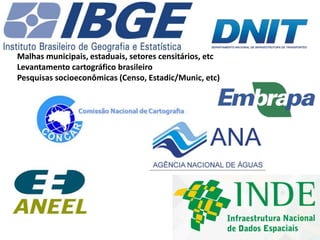 Malhas municipais, estaduais, setores censitários, etc
Levantamento cartográfico brasileiro
Pesquisas socioeconômicas (Censo, Estadic/Munic, etc)
 