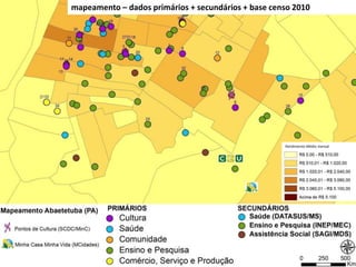 mapeamento – dados primários + secundários + base censo 2010
Rendimento Médio mensal
 
