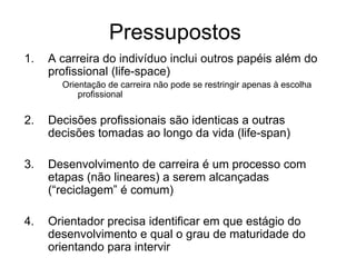 Pressupostos
1. A carreira do indivíduo inclui outros papéis além do
profissional (life-space)
Orientação de carreira não pode se restringir apenas à escolha
profissional
2. Decisões profissionais são identicas a outras
decisões tomadas ao longo da vida (life-span)
3. Desenvolvimento de carreira é um processo com
etapas (não lineares) a serem alcançadas
(“reciclagem” é comum)
4. Orientador precisa identificar em que estágio do
desenvolvimento e qual o grau de maturidade do
orientando para intervir
 