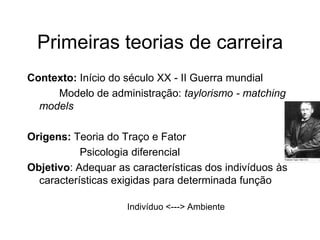 Primeiras teorias de carreira
Contexto: Início do século XX - II Guerra mundial
Modelo de administração: taylorismo - matching
models
Origens: Teoria do Traço e Fator
Psicologia diferencial
Objetivo: Adequar as características dos indivíduos às
características exigidas para determinada função
Indivíduo <---> Ambiente
 