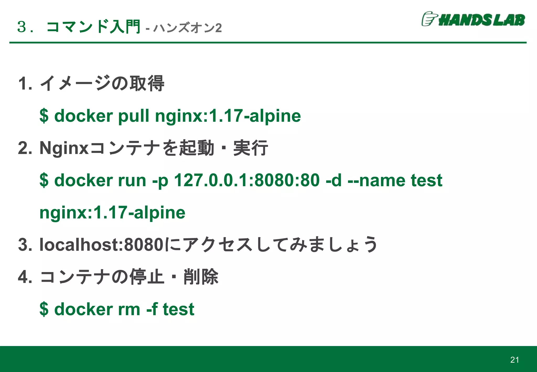 ３．コマンド入門 - ハンズオン2
21
1. イメージの取得
$ docker pull nginx:1.17-alpine
2. Nginxコンテナを起動・実行
$ docker run -p 127.0.0.1:8080:80 -d --name test
nginx:1.17-alpine
3. localhost:8080にアクセスしてみましょう
4. コンテナの停止・削除
$ docker rm -f test
 
