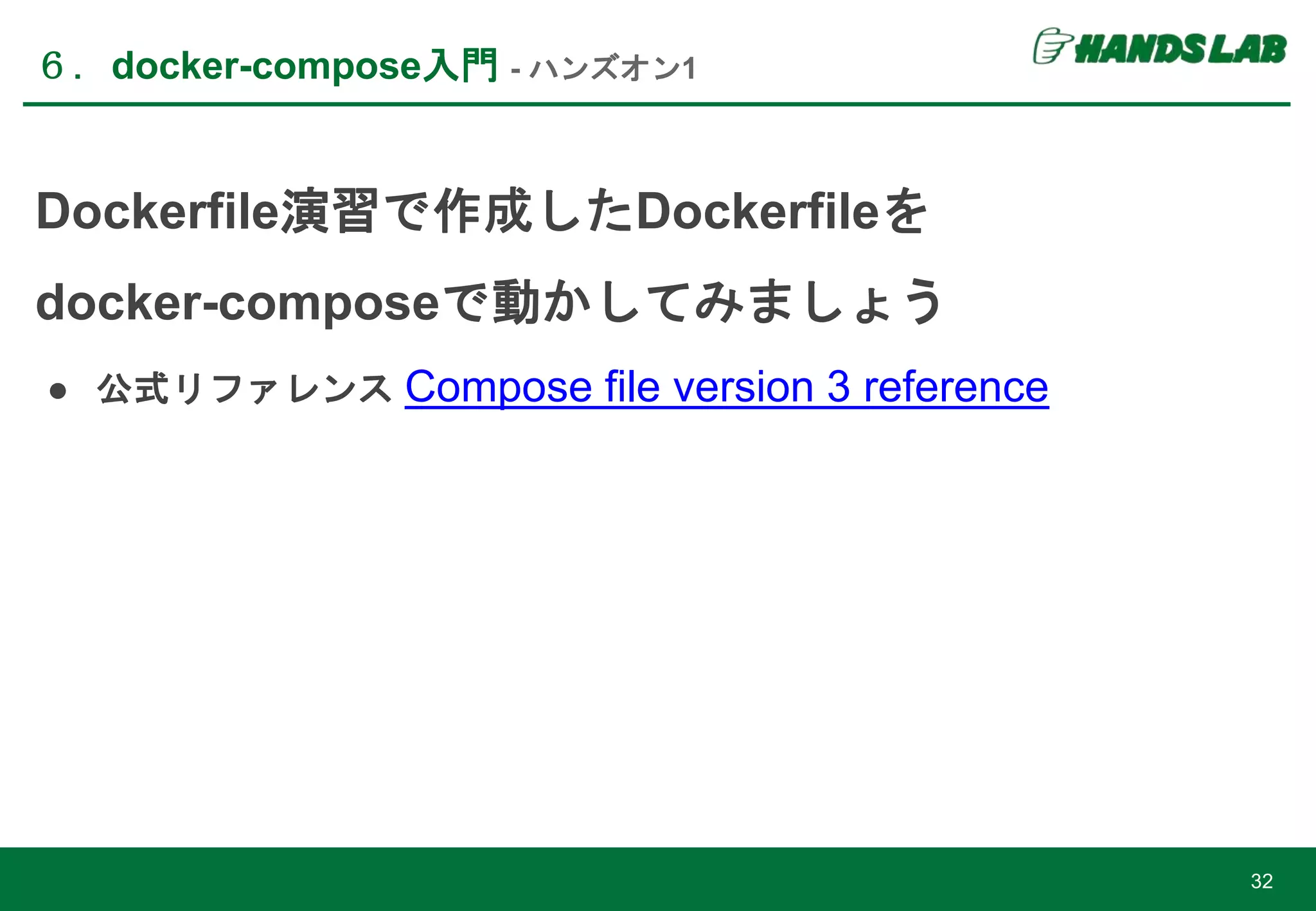 Dockerfile演習で作成したDockerfileを
docker-composeで動かしてみましょう
● 公式リファレンス Compose file version 3 reference
６．docker-compose入門 - ハンズオン1
32
 