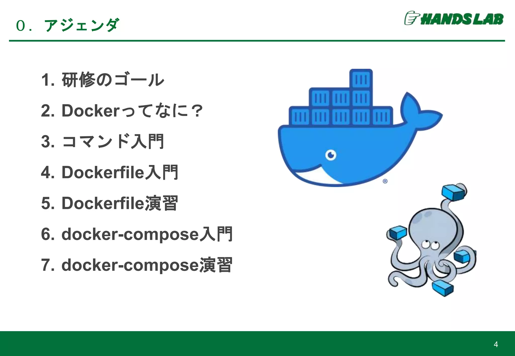 1. 研修のゴール
2. Dockerってなに？
3. コマンド入門
4. Dockerfile入門
5. Dockerfile演習
6. docker-compose入門
7. docker-compose演習
０．アジェンダ
4
 