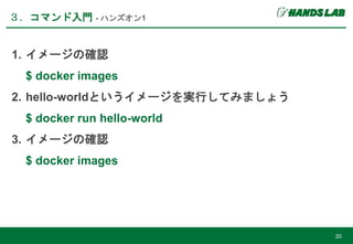 ３．コマンド入門 - ハンズオン1
20
1. イメージの確認
$ docker images
2. hello-worldというイメージを実行してみましょう
$ docker run hello-world
3. イメージの確認
$ docker images
 