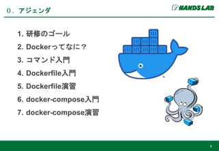 1. 研修のゴール
2. Dockerってなに？
3. コマンド入門
4. Dockerfile入門
5. Dockerfile演習
6. docker-compose入門
7. docker-compose演習
０．アジェンダ
4
 