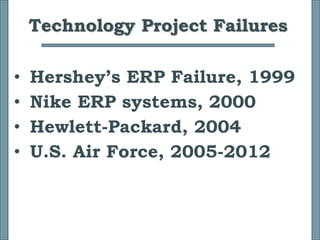 Technology Project Failures
• Hershey’s ERP Failure, 1999
• Nike ERP systems, 2000
• Hewlett-Packard, 2004
• U.S. Air Force, 2005-2012
 
