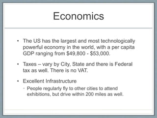Economics 
• The US has the largest and most technologically 
powerful economy in the world, with a per capita 
GDP ranging from $49,800 - $53,000. 
• Taxes – vary by City, State and there is Federal 
tax as well. There is no VAT. 
• Excellent Infrastructure 
• People regularly fly to other cities to attend 
exhibitions, but drive within 200 miles as well. 
 
