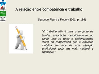 A relação entre competência e trabalho  Segundo Fleury e Fleury (2001, p. 186) “ O trabalho não é mais o conjunto de tarefas associadas descritivamente ao cargo, mas se torna o prolongamento direto da competência que o indivíduo mobiliza em face de uma situação profissional cada vez mais mutável e complexa.” 