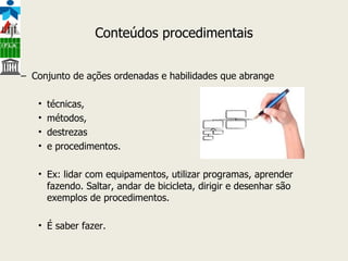 Conteúdos procedimentais Conjunto de ações ordenadas e habilidades que abrange  técnicas,  métodos,  destrezas e procedimentos. Ex: lidar com equipamentos, utilizar programas, aprender fazendo. Saltar, andar de bicicleta, dirigir e desenhar são exemplos de procedimentos. É saber fazer. 