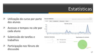 Estatísticas
 Utilização do curso por parte
dos alunos
 Acessos e tempos no site por
cada aluno
 Submissão de tarefas e
trabalhos
 Participação nos fóruns de
discussão
17
 