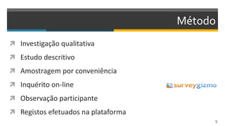 Método
 Investigação qualitativa
 Estudo descritivo
 Amostragem por conveniência
 Inquérito on-line
 Observação participante
 Registos efetuados na plataforma
5
 