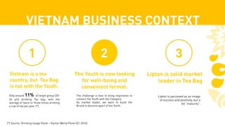 VIETNAM BUSINESS CONTEXT
Lipton is solid market
leader in Tea Bag
Vietnam is a tea
country, but Tea Bag
is not with the Youth.
Lipton is perceived as an image
of success and positivity, but a
bit “maturity”.
Only around 11% of target group (20-
34 y/o) drinking Tea bag, with the
average of twice or three-times drinking
a cup of tea per year. (*)
The Youth is now looking
for well-being and
convenient format.
The challenge is how to bring inspiration to
connect the Youth with the Category.
As market leader, we want to build the
Brand to become apart of the Youth.
(*) Source: Drinking Usage Panel – Kantar World Panel (Q1 2016)
1 2 3
 