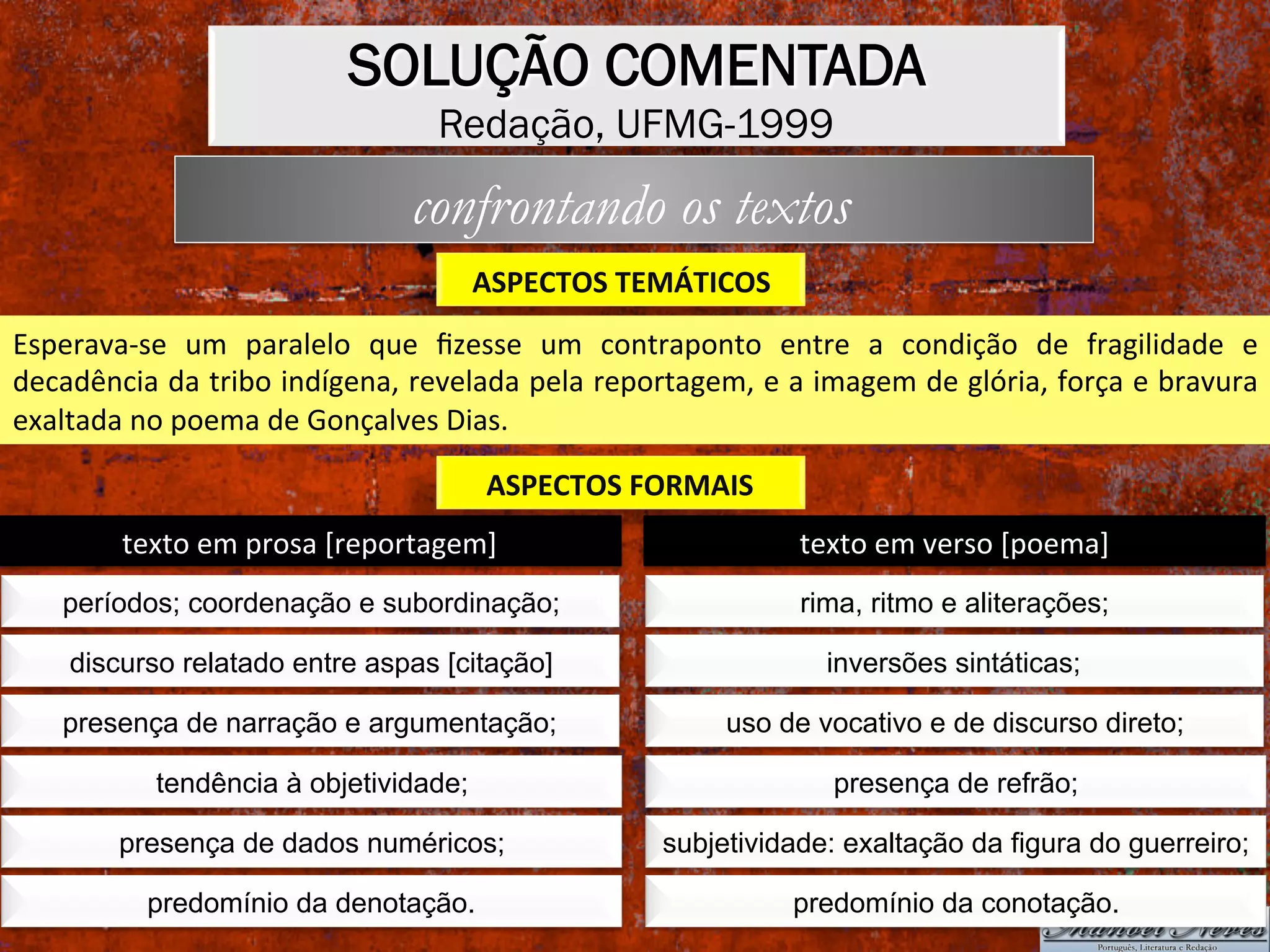 SOLUÇÃO COMENTADA
Redação, UFMG-1999
ASPECTOS	TEMÁTICOS	
confrontando os textos
Esperava-se	 um	 paralelo	 que	 ﬁzesse	 um	 contraponto	 entre	 a	 condição	 de	 fragilidade	 e	
decadência	da	tribo	indígena,	revelada	pela	reportagem,	e	a	imagem	de	glória,	força	e	bravura	
exaltada	no	poema	de	Gonçalves	Dias.	
ASPECTOS	FORMAIS	
períodos; coordenação e subordinação;
discurso relatado entre aspas [citação]
presença de narração e argumentação;
tendência à objetividade;
presença de dados numéricos;
predomínio da denotação.
texto	em	prosa	[reportagem]	
rima, ritmo e aliterações;
inversões sintáticas;
uso de vocativo e de discurso direto;
presença de refrão;
subjetividade: exaltação da figura do guerreiro;
predomínio da conotação.
texto	em	verso	[poema]	
 