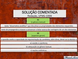 SOLUÇÃO COMENTADA
Redação, UFMG-1999
01	
[o	gênero	textual]	
texto	“dissertaXvo	analíXco”	que	discuXsse	as	propriedades	dos	elementos	requeridos	
texto	de	propaganda	q	visasse	a	convencer	o	leitor	acerca	das	vantagens	de	um	dos	elementos	
02	
[aspectos	gerais]	
a	questão	avalia	a	capacidade	de	argumentação	do	candidato;	além	disso,	dever-se-ia	atentar	a	
a)	coesão	e	coerência;	
b)	adequação	ao	gênero	textual;	
c)	opções	esXlísXcas.	
 