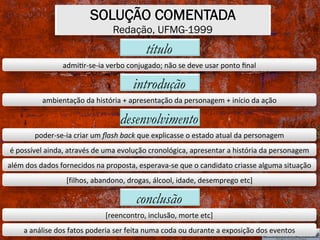 SOLUÇÃO COMENTADA
Redação, UFMG-1999
título
admiXr-se-ia	verbo	conjugado;	não	se	deve	usar	ponto	ﬁnal	
introdução
ambientação	da	história	+	apresentação	da	personagem	+	início	da	ação	
desenvolvimento
poder-se-ia	criar	um	ﬂash	back	que	explicasse	o	estado	atual	da	personagem	
é	possível	ainda,	através	de	uma	evolução	cronológica,	apresentar	a	história	da	personagem	
além	dos	dados	fornecidos	na	proposta,	esperava-se	que	o	candidato	criasse	alguma	situação	
[filhos,	abandono,	drogas,	álcool,	idade,	desemprego	etc]	
conclusão
[reencontro,	inclusão,	morte	etc]	
a	análise	dos	fatos	poderia	ser	feita	numa	coda	ou	durante	a	exposição	dos	eventos	
 