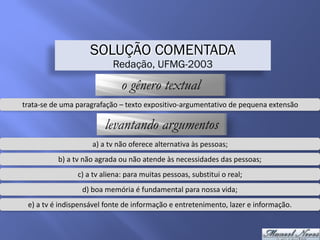 SOLUÇÃO COMENTADA
Redação, UFMG-2003
o gênero textual
trata-se	de	uma	paragrafação	–	texto	expositivo-argumentativo	de	pequena	extensão
levantando argumentos
a)	a	tv	não	oferece	alternativa	às	pessoas;
b)	a	tv	não	agrada	ou	não	atende	às	necessidades	das	pessoas;
c)	a	tv	aliena:	para	muitas	pessoas,	substitui	o	real;
d)	boa	memória	é	fundamental	para	nossa	vida;
e)	a	tv	é	indispensável	fonte	de	informação	e	entretenimento,	lazer	e	informação.
 