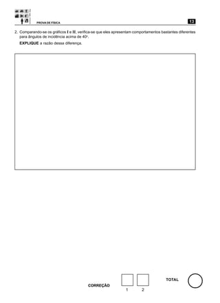 PROVA DE FÍSICA                                                                         13

2. Comparando-se os gráficos I e II, verifica-se que eles apresentam comportamentos bastantes diferentes
   para ângulos de incidência acima de 40o.
  EXPLIQUE a razão dessa diferença.




                                                                                       TOTAL
                                          CORREÇÃO
                                                               1         2
 