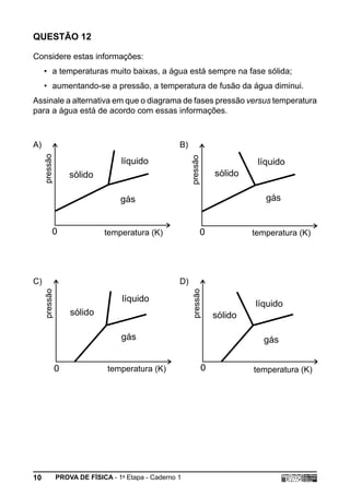QUESTÃO 12

Considere estas informações:
     • a temperaturas muito baixas, a água está sempre na fase sólida;
     • aumentando-se a pressão, a temperatura de fusão da água diminui.
Assinale a alternativa em que o diagrama de fases pressão versus temperatura
para a água está de acordo com essas informações.



A)                                                  B)
     pressão




                                  líquido


                                                         pressão
                                                                             líquido
                   sólido                                          sólido

                                  gás                                          gás


          0                  temperatura (K)                   0            temperatura (K)




C)                                                  D)
     pressão




                                                         pressão




                                   líquido
                                                                            líquido
                   sólido                                          sólido

                                  gás                                          gás


               0              temperatura (K)                  0            temperatura (K)




10             PROVA DE FÍSICA - 1a Etapa - Caderno 1
 