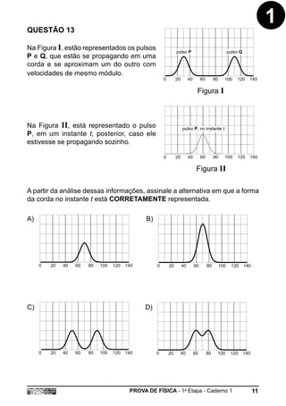QUESTÃO 13
                                                                                                                                1
Na Figura I, estão representados os pulsos                        pulso P                                  pulso Q
P e Q, que estão se propagando em uma
corda e se aproximam um do outro com
velocidades de mesmo módulo.
                                                         0        20        40        60        80     100     120     140

                                                                                  Figura I



Na Figura II, está representado o pulso                                pulso P, no instante t
P, em um instante t, posterior, caso ele
estivesse se propagando sozinho.

                                                         0        20        40        60        80     100     120     140

                                                                                  Figura II

A partir da análise dessas informações, assinale a alternativa em que a forma
da corda no instante t está CORRETAMENTE representada.

A)                                              B)




     0   20   40   60   80   100   120   140         0       20        40        60        80        100    120      140




C)                                             D)




     0   20   40   60   80   100   120   140         0       20        40        60        80    100        120      140




                                          PROVA DE FÍSICA - 1a Etapa - Caderno 1                                           11
 