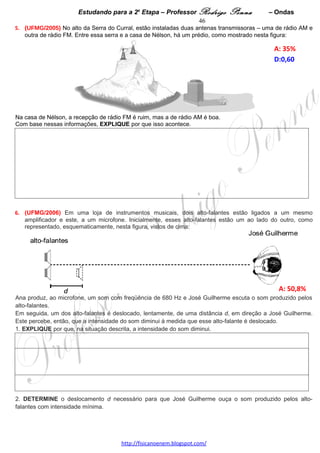 Estudando para a 2a Etapa – Professor Rodrigo Penna             – Óptica               46
                                         ÓPTICA – 7 questões
1.     (UFMG/2001) Na figura, vê-se uma mergulhadora nadando, durante um dia ensolarado, no fundo de um
lago de águas calmas e transparentes. Nesse mesmo lago, também há um peixe passando atrás de uma rocha.
Sobrevoando o lago, há um balão.
                                                                                                   A: 32%   
                                                                                                   D:0,59  




Considerando essas informações, RESPONDA:
Qual dos três objetos . peixe, Sol e balão . a mergulhadora poderá enxergar de onde está?
INDIQUE, na figura, a direção aproximada em que a mergulhadora verá esse(s) objeto(s).
JUSTIFIQUE sua resposta.




 
2.      (UFMG/2003) O índice de refração de um vidro comum varia com o comprimento de onda da luz no
vácuo, como mostrado neste gráfico:


                                                        
                                                        
                                                                                                 A: 43%   
                                                                                                 D:0,66  




                                                                               
                                                      
                                                      
1. Considere que dois raios de luz, paralelos, de cor violeta, incidem sobre uma lente desse vidro, como
mostrado nesta figura:
                                     www.fisicanovestibular.xpg.com.br
 