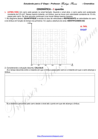 Estudando para a 2a Etapa – Professor Rodrigo Penna               – Cinemática        6
                                       CINEMÁTICA – 1 questão
1.     (UFMG-1999) Um carro está parado no sinal fechado. Quando o sinal abre, o carro parte com aceleração
constante de 2,0 m/s2. Nesse mesmo instante, um ônibus, que se move com velocidade constante de 10 m/s,
passa pelo carro. Os dois veículos continuam a se mover dessa mesma maneira.
1. No diagrama abaixo, QUANTIFIQUE a escala no eixo de velocidade e REPRESENTE as velocidades do carro
e do ônibus em função do tempo nos primeiros 12 s após a abertura do sinal, IDENTIFICANDO-AS.


                                                                                                A: 74%   
                                                                                                D:0,67  




2. Considerando a situação descrita, CALCULE:
   A) o tempo decorrido entre o instante em que o ônibus passa pelo carro e o instante em que o carro alcança o
ônibus.




  B) a distância percorrida pelo carro desde o sinal até o ponto em que ele alcança o ônibus.




                                     www.fisicanovestibular.xpg.com.br
 