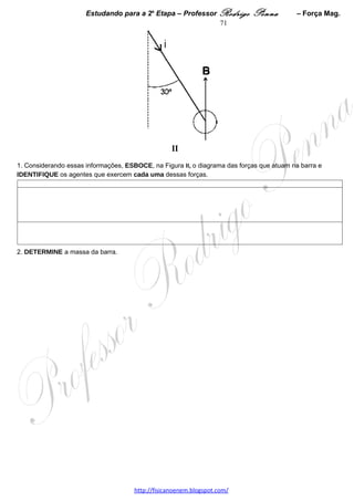 Estudando para a 2a Etapa – Professor Rodrigo Penna             – “Moderna”          71
                                 FÍSICA “MODERNA” – 9 questões
1.      (UFMG/2001) Em um tipo de tubo de raios X, elétrons acelerados por uma diferença de potencial de
2,0 x 104 V atingem um alvo de metal, onde são violentamente desacelerados. Ao atingir o metal, toda a energia
cinética dos elétrons é transformada em raios X.                                           A: 21%   D:0,70
1. CALCULE a energia cinética que um elétron adquire ao ser acelerado pela diferença de potencial.




2. CALCULE o menor comprimento de onda possível para raios X produzidos por esse tubo.




 
2.    (UFMG/2002) Na iluminação de várias rodovias, utilizam-se lâmpadas de vapor de sódio, que emitem luz
amarela ao se produzir uma descarga elétrica nesse vapor.
Quando passa através de um prisma, um feixe da luz emitida por essas lâmpadas produz um espectro em um
anteparo, como representado nesta figura:
                                                                                                   A: 38%   
                                                                                                   D:0,63  




O espectro obtido dessa forma apresenta apenas uma linha amarela.
1. EXPLIQUE por que, no espectro da lâmpada de vapor de sódio, não aparecem todas as cores, mas apenas a
amarela.




Se, no entanto, se passar um feixe de luz branca pelo vapor de sódio e examinar-se o espectro da luz resultante
com um prisma, observam-se todas as cores, exceto, exatamente, a amarela.
2. EXPLIQUE por que a luz branca, após atravessar o vapor de sódio, produz um espectro com todas as cores,
exceto a amarela.




                                     www.fisicanovestibular.xpg.com.br
 