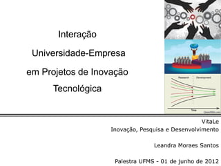 Interação

 Universidade-Empresa

em Projetos de Inovação
      Tecnológica


                                                   VitaLe
                    Inovação, Pesquisa e Desenvolvimento

                                  Leandra Moraes Santos

                     Palestra UFMS - 01 de junho de 2012
 