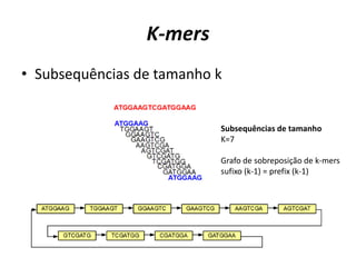K-mers
• Subsequências de tamanho k
Subsequências de tamanho
K=7
Grafo de sobreposição de k-mers
sufixo (k-1) = prefix (k-1)
 
