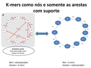 K-mers como nós e somente as arestas
com suporte
AAT
ATG
TGG GGC
GCG
TGC
CGT
GCA
GTG
CAA
AT
TG
GG
GC
CG
GT
AA
TG
CA
GC
Nós = k-mers
Arestas = sobreçosições
Nós = sobreposições
Arestas = k-mers
 