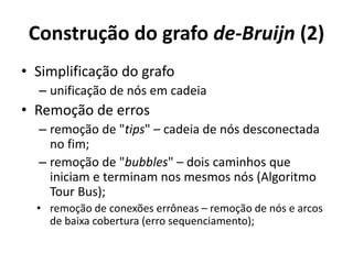 Construção do grafo de-Bruijn (2)
• Simplificação do grafo
– unificação de nós em cadeia
• Remoção de erros
– remoção de "tips" – cadeia de nós desconectada
no fim;
– remoção de "bubbles" – dois caminhos que
iniciam e terminam nos mesmos nós (Algoritmo
Tour Bus);
• remoção de conexões errôneas – remoção de nós e arcos
de baixa cobertura (erro sequenciamento);
 