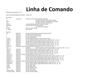 Linha de ComandoSPAdes genome assembler v3.13.0
Usage: /usr/local/bin/spades.py [options] -o <output_dir>
Basic options:
-o <output_dir> directory to store all the resulting files (required)
--sc this flag is required for MDA (single-cell) data
--meta this flag is required for metagenomic sample data
--rna this flag is required for RNA-Seq data
--plasmid runs plasmidSPAdes pipeline for plasmid detection
--iontorrent this flag is required for IonTorrent data
--test runs SPAdes on toy dataset
-h/--help prints this usage message
-v/--version prints version
Input data:
--12 <filename> file with interlaced forward and reverse paired-end reads
-1 <filename> file with forward paired-end reads
-2 <filename> file with reverse paired-end reads
-s <filename> file with unpaired reads
--merged <filename> file with merged forward and reverse paired-end reads
--pe<#>-12 <filename> file with interlaced reads for paired-end library number <#> (<#> = 1,2,...,9)
--pe<#>-1 <filename> file with forward reads for paired-end library number <#> (<#> = 1,2,...,9)
--pe<#>-2 <filename> file with reverse reads for paired-end library number <#> (<#> = 1,2,...,9)
--pe<#>-s <filename> file with unpaired reads for paired-end library number <#> (<#> = 1,2,...,9)
--pe<#>-m <filename> file with merged reads for paired-end library number <#> (<#> = 1,2,...,9)
--pe<#>-<or> orientation of reads for paired-end library number <#> (<#> = 1,2,...,9; <or> = fr, rf, ff)
--s<#> <filename> file with unpaired reads for single reads library number <#> (<#> = 1,2,...,9)
--mp<#>-12 <filename> file with interlaced reads for mate-pair library number <#> (<#> = 1,2,..,9)
--mp<#>-1 <filename> file with forward reads for mate-pair library number <#> (<#> = 1,2,..,9)
--mp<#>-2 <filename> file with reverse reads for mate-pair library number <#> (<#> = 1,2,..,9)
--mp<#>-s <filename> file with unpaired reads for mate-pair library number <#> (<#> = 1,2,..,9)
--mp<#>-<or> orientation of reads for mate-pair library number <#> (<#> = 1,2,..,9; <or> = fr, rf, ff)
--hqmp<#>-12 <filename> file with interlaced reads for high-quality mate-pair library number <#> (<#> = 1,2,..,9)
--hqmp<#>-1 <filename> file with forward reads for high-quality mate-pair library number <#> (<#> = 1,2,..,9)
--hqmp<#>-2 <filename> file with reverse reads for high-quality mate-pair library number <#> (<#> = 1,2,..,9)
--hqmp<#>-s <filename> file with unpaired reads for high-quality mate-pair library number <#> (<#> = 1,2,..,9)
--hqmp<#>-<or> orientation of reads for high-quality mate-pair library number <#> (<#> = 1,2,..,9; <or> = fr, rf, ff)
--nxmate<#>-1 <filename> file with forward reads for Lucigen NxMate library number <#> (<#> = 1,2,..,9)
--nxmate<#>-2 <filename> file with reverse reads for Lucigen NxMate library number <#> (<#> = 1,2,..,9)
--sanger <filename> file with Sanger reads
--pacbio <filename> file with PacBio reads
--nanopore <filename> file with Nanopore reads
--tslr <filename> file with TSLR-contigs
--trusted-contigs <filename> file with trusted contigs
--untrusted-contigs <filename> file with untrusted contigs
 