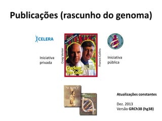 Publicações (rascunho do genoma)
CraigVenter
FrancisCollins
Iniciativa
privada
Iniciativa
pública
Atualizações constantes
Dez. 2013
Versão GRCh38 (hg38)
 